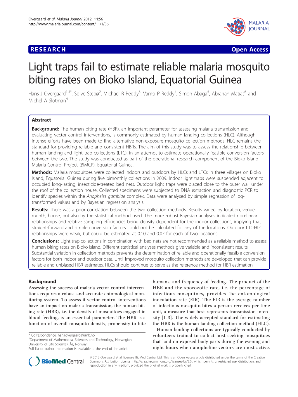 Light Traps Fail to Estimate Reliable Malaria Mosquito Biting Rates On