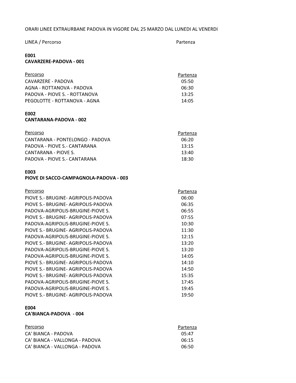 ORARI LINEE EXTRAURBANE PADOVA in VIGORE DAL 25 MARZO DAL LUNEDI AL VENERDI LINEA / Percorso Partenza E001 CAVARZERE-PADOVA