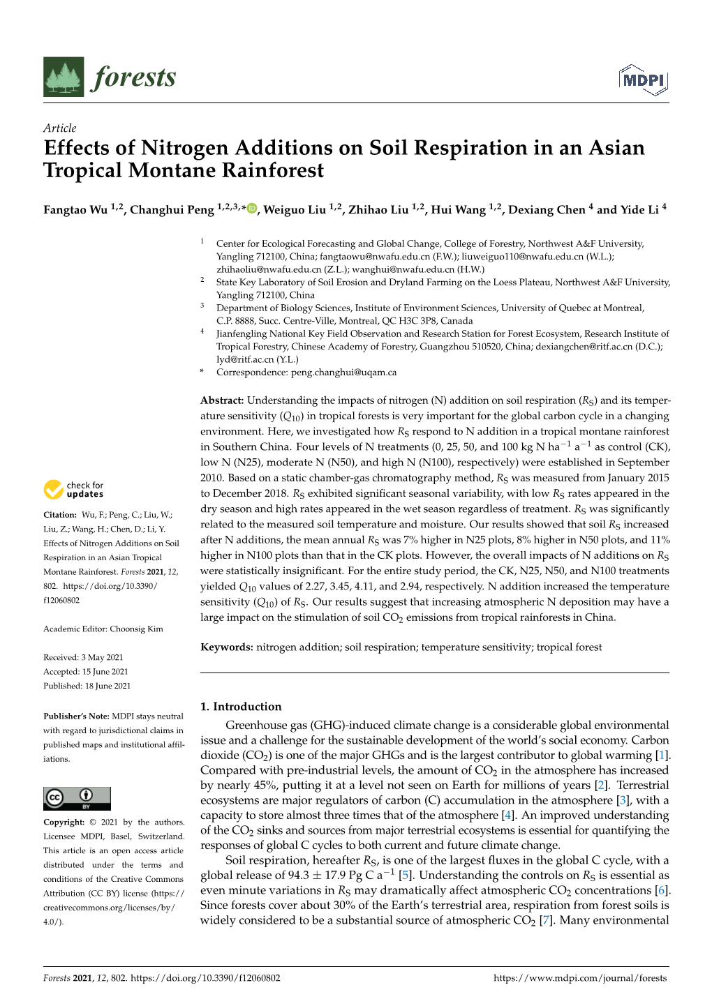 Effects of Nitrogen Additions on Soil Respiration in an Asian Tropical Montane Rainforest