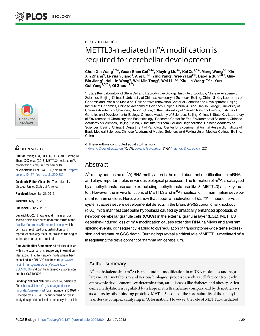 METTL3-Mediated M6a Modification Is Required for Cerebellar Development