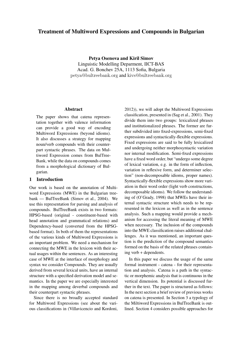 Treatment of Multiword Expressions and Compounds in Bulgarian