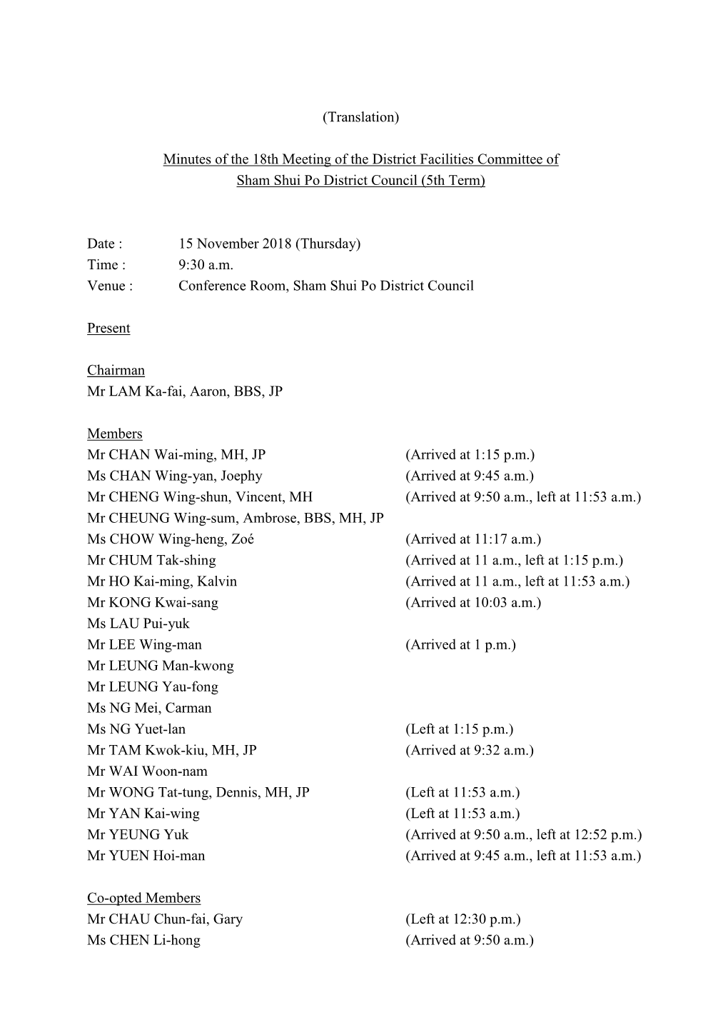 Minutes of the 18Th Meeting of the District Facilities Committee of Sham Shui Po District Council (5Th Term)