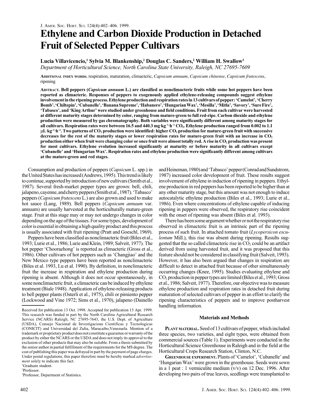 Ethylene and Carbon Dioxide Production in Detached Fruit of Selected Pepper Cultivars