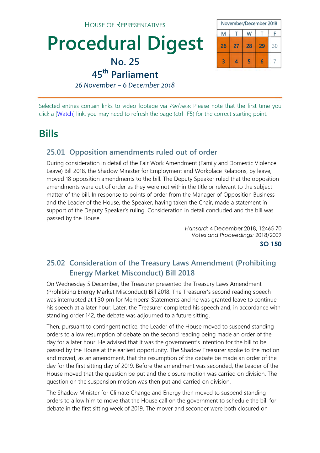 Procedural Digest No. 25 45Th Parliament