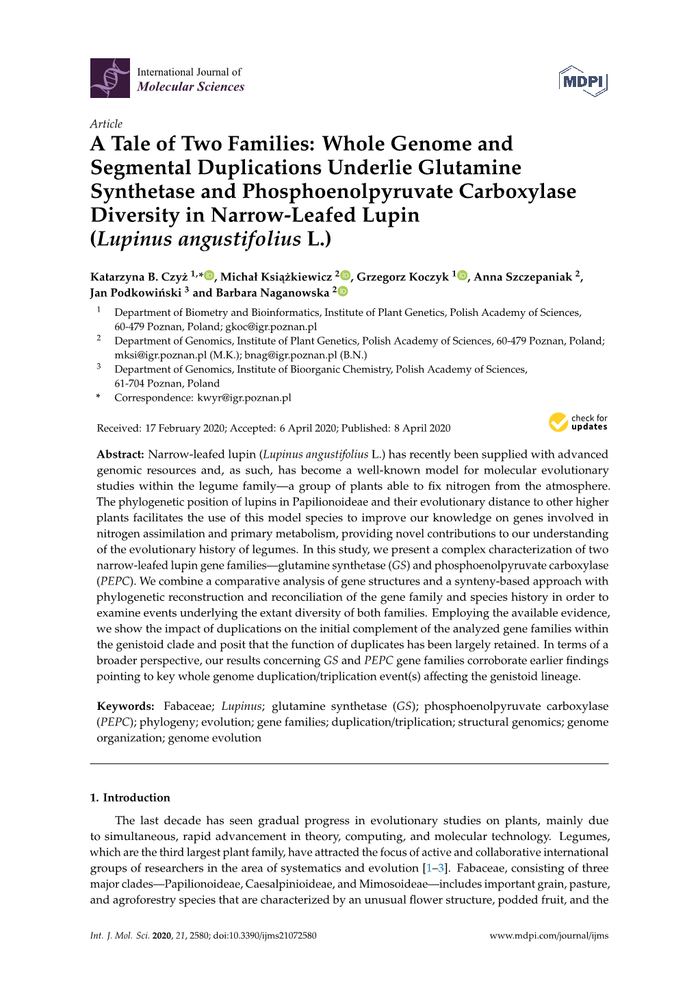 Whole Genome and Segmental Duplications Underlie Glutamine Synthetase and Phosphoenolpyruvate Carboxylase Diversity in Narrow-Leafed Lupin (Lupinus Angustifolius L.)