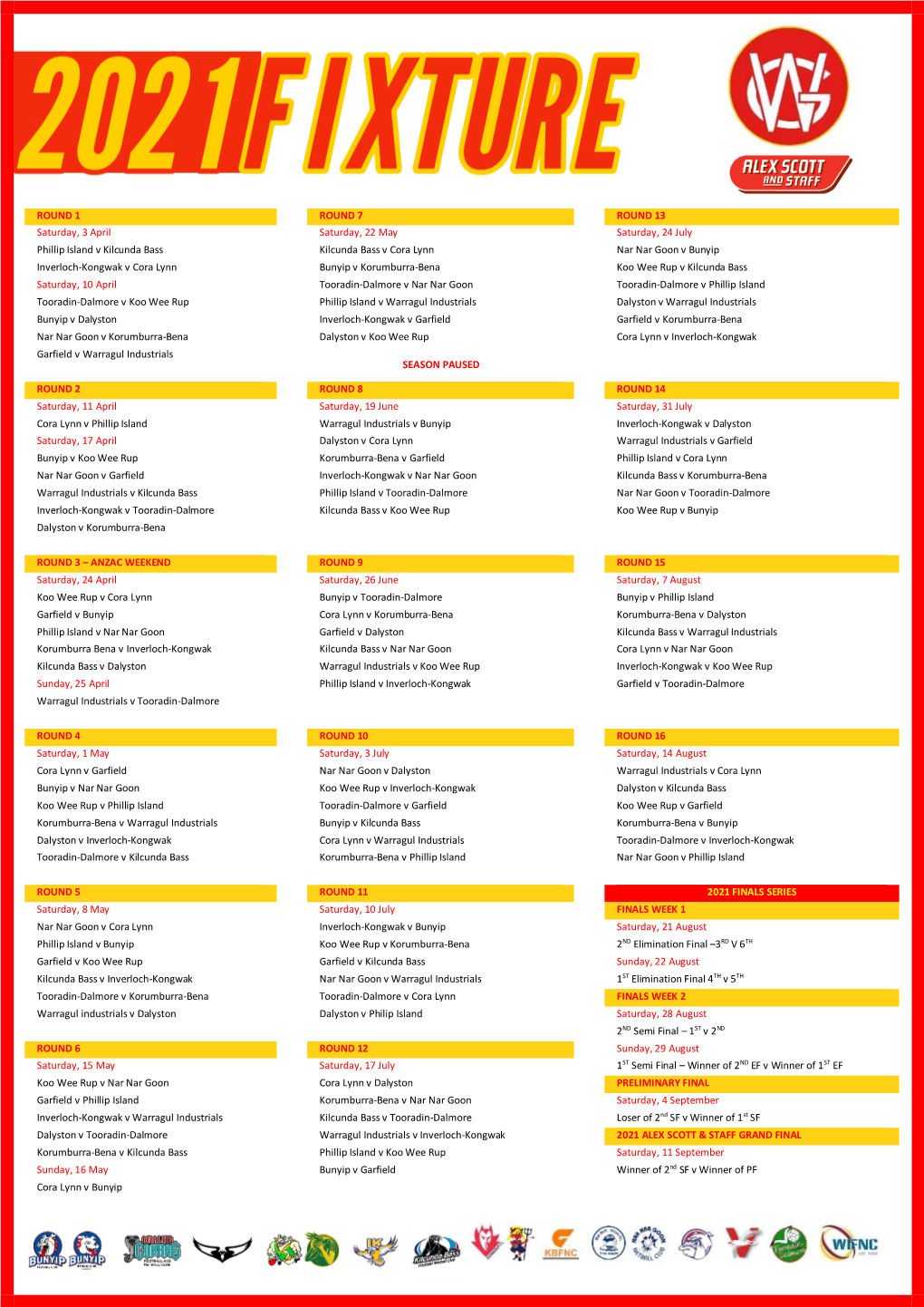 ROUND 1 ROUND 7 ROUND 13 Saturday, 3 April Saturday, 22 May