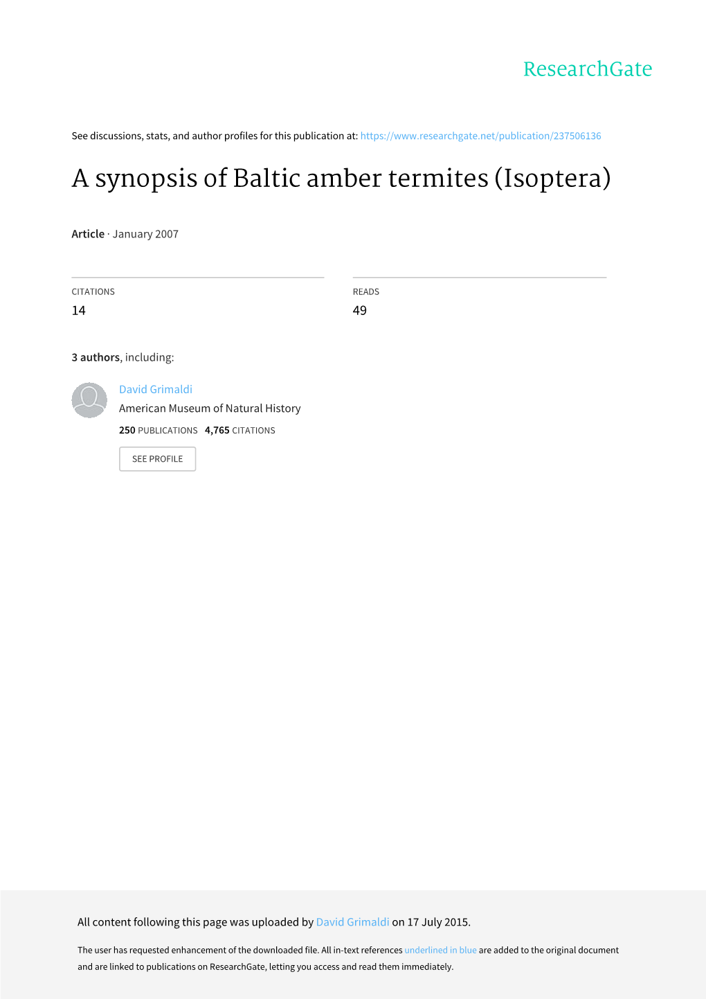 A Synopsis of Baltic Amber Termites (Isoptera)