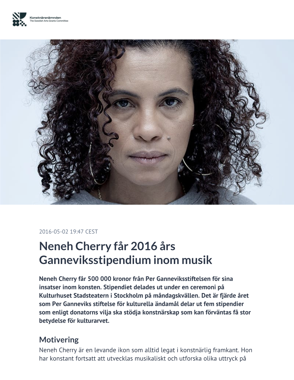 Neneh Cherry Får 2016 Års Ganneviksstipendium Inom Musik
