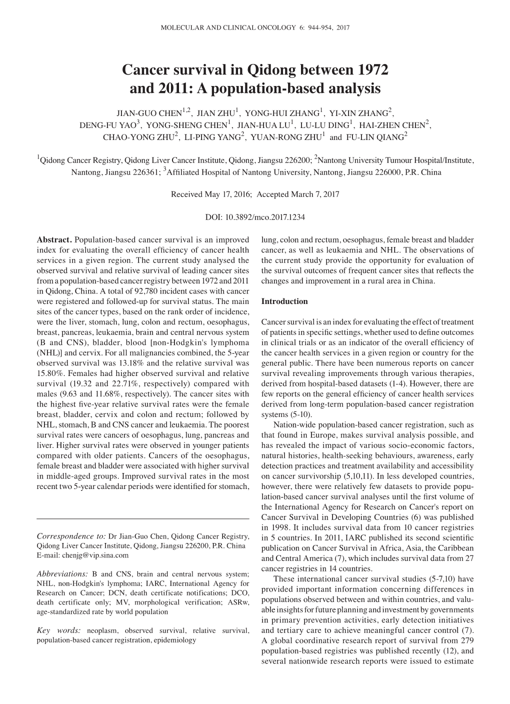 Cancer Survival in Qidong Between 1972 and 2011: a Population‑Based Analysis