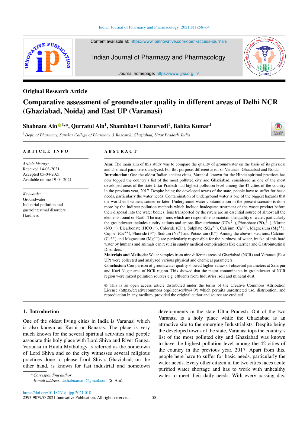 Comparative Assessment of Groundwater Quality in Different Areas of Delhi NCR (Ghaziabad, Noida) and East up (Varanasi)