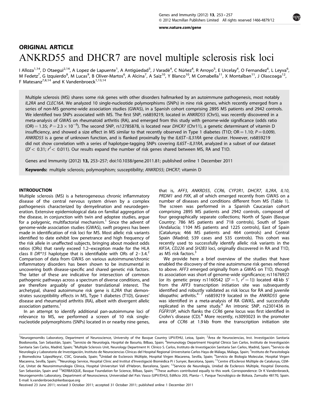 ANKRD55 and DHCR7 Are Novel Multiple Sclerosis Risk Loci