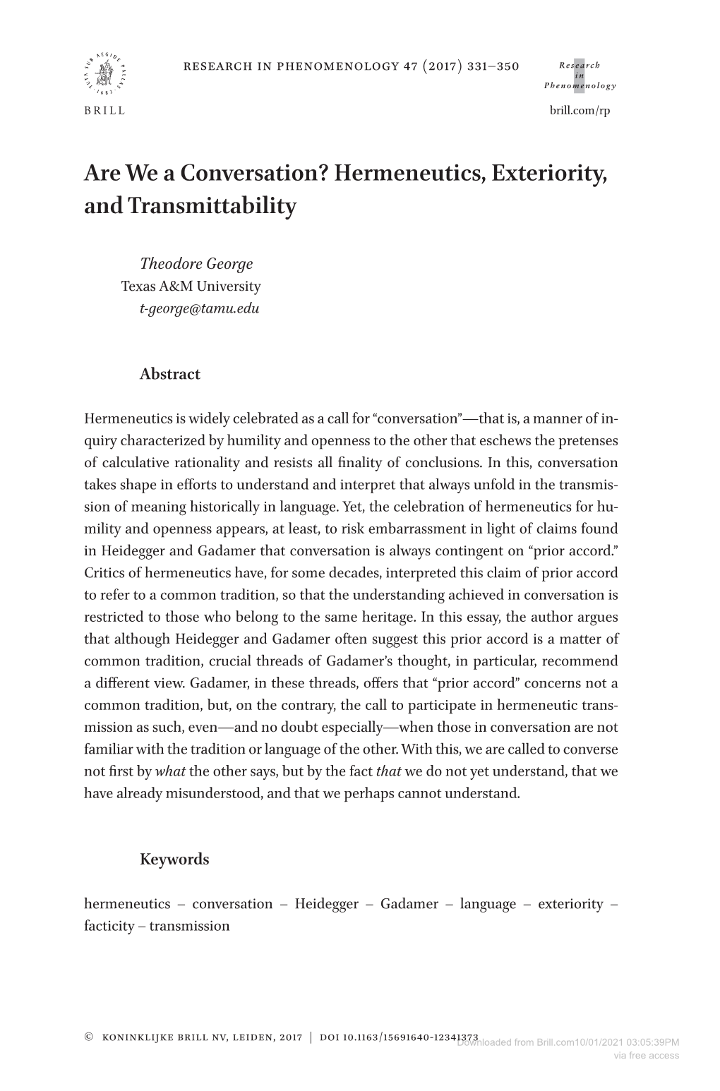 Hermeneutics, Exteriority, and Transmittability