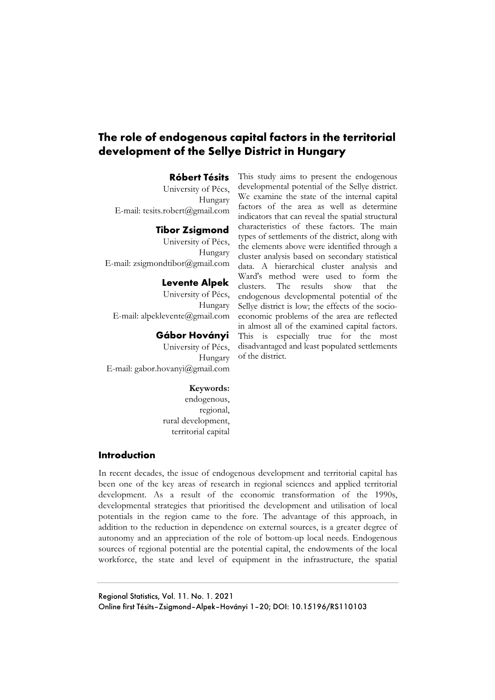 The Role of Endogenous Capital Factors in the Territorial Development of the Sellye District in Hungary