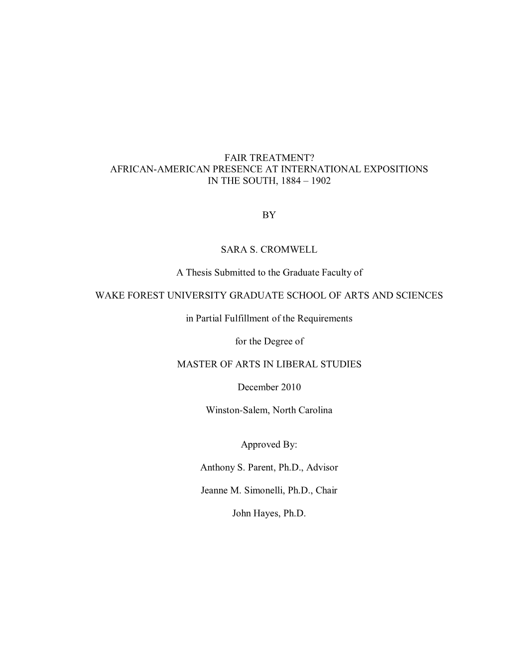 Fair Treatment? African-American Presence at International Expositions in the South, 1884 – 1902