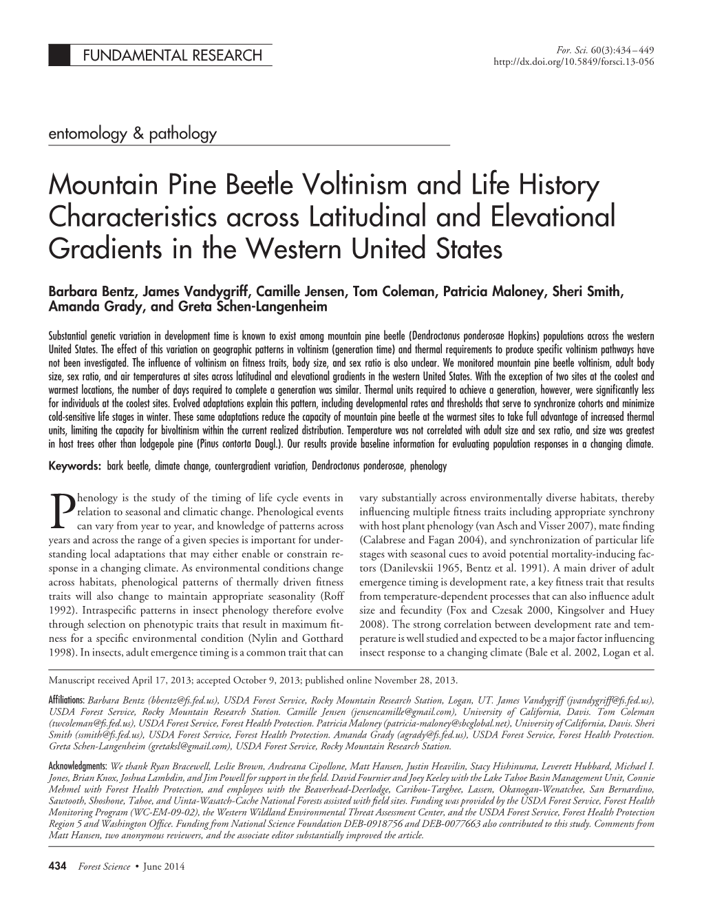 Mountain Pine Beetle Voltinism and Life History Characteristics Across Latitudinal and Elevational Gradients in the Western United States