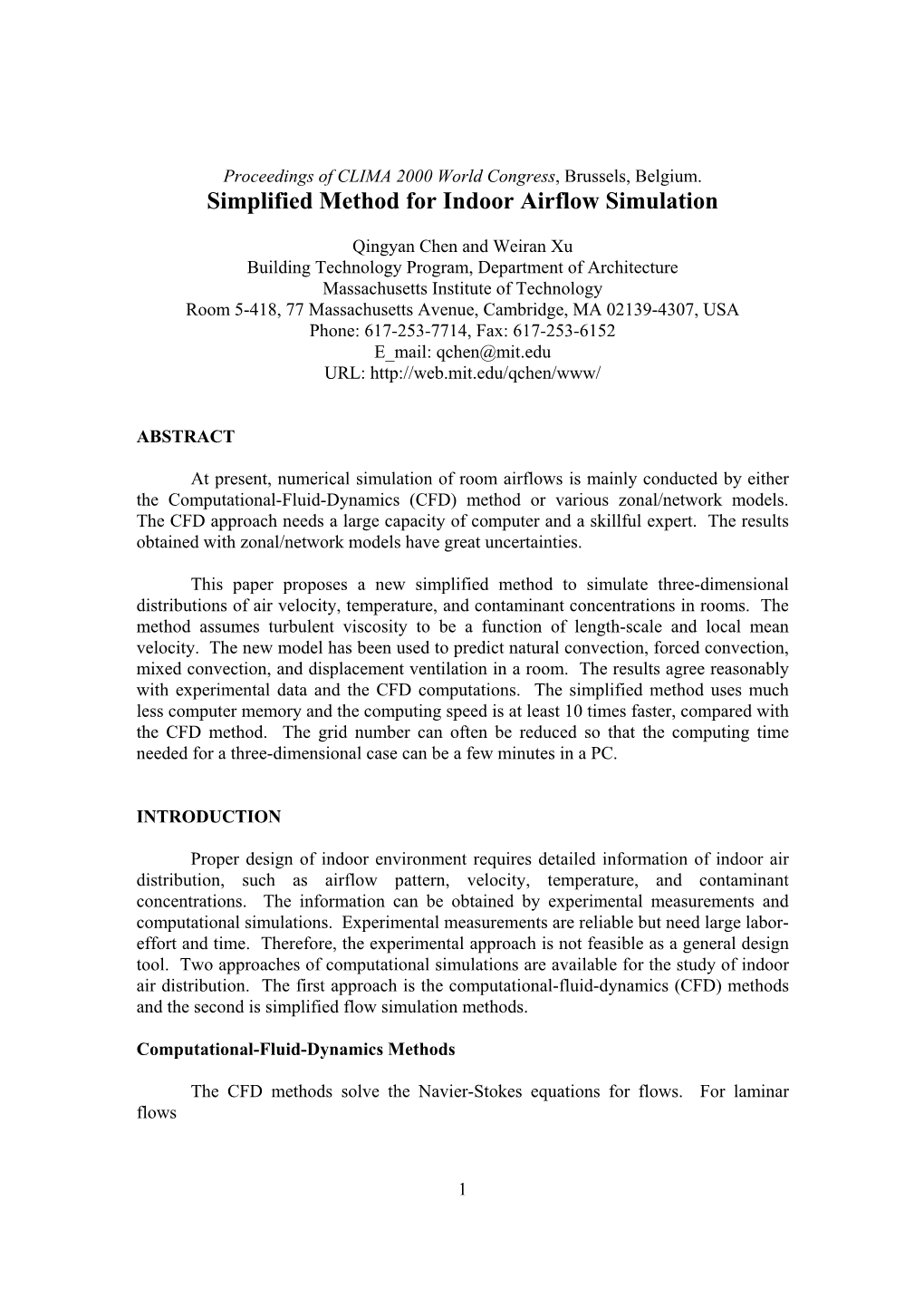 Simplified Method for Indoor Airflow Simulation