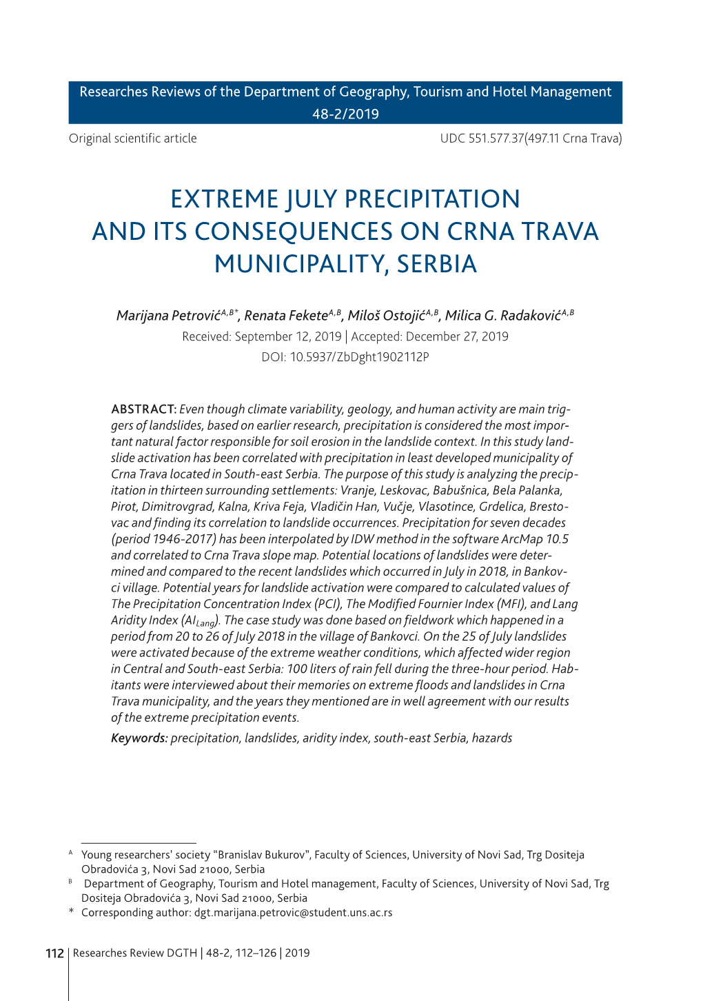 Extreme July Precipitation and Its Consequences on Crna Trava Municipality, Serbia