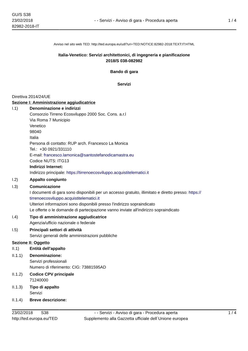 Italia-Venetico: Servizi Architettonici, Di Ingegneria E Pianificazione 2018/S 038-082982