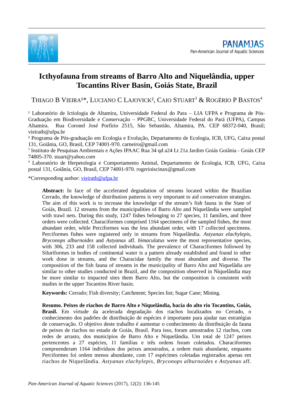 Icthyofauna from Streams of Barro Alto and Niquelândia, Upper Tocantins River Basin, Goiás State, Brazil