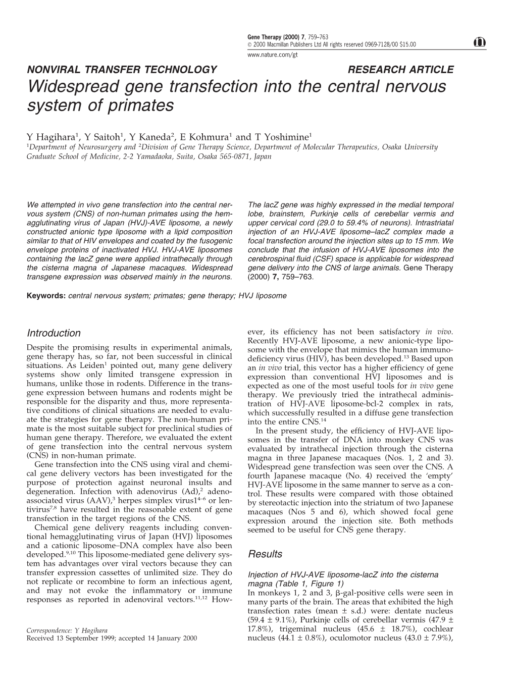 Widespread Gene Transfection Into the Central Nervous System of Primates