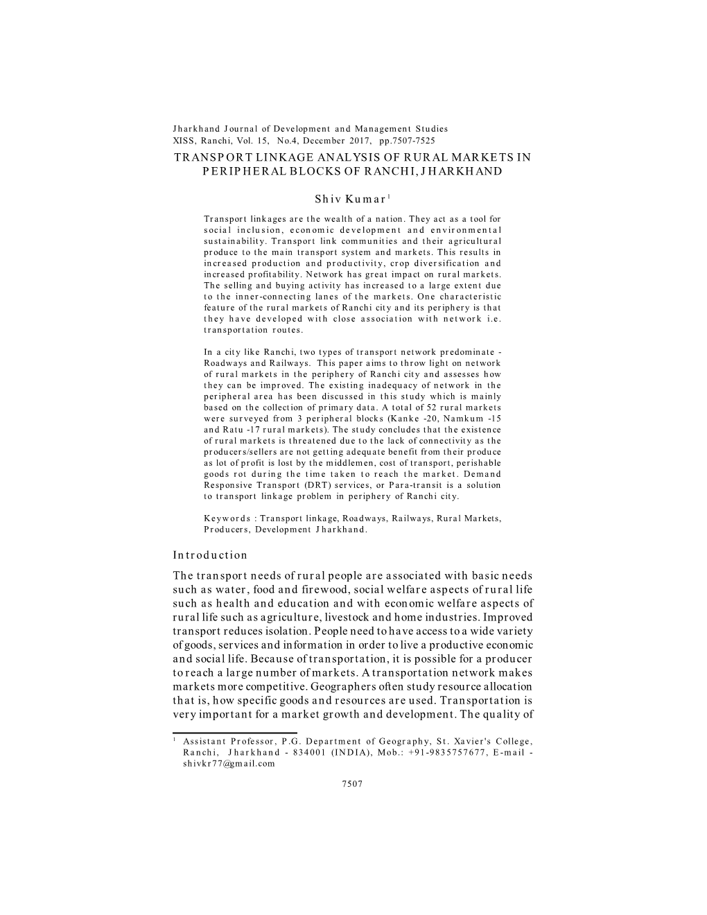 Transport Linkage Analysis of Rural Markets in Peripheral Blocks of Ranchi, Jharkhand