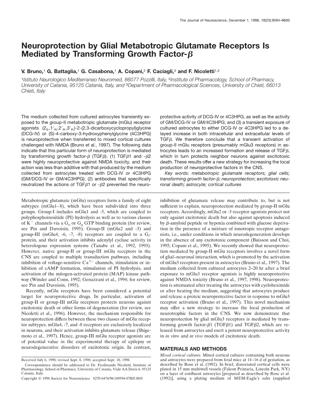 Neuroprotection by Glial Metabotropic Glutamate Receptors Is Mediated by Transforming Growth Factor-␤