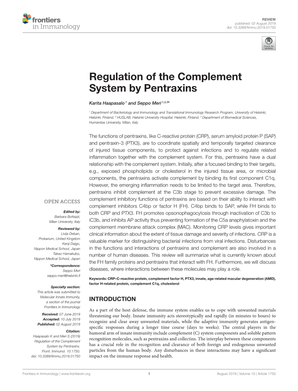 Regulation of the Complement System by Pentraxins