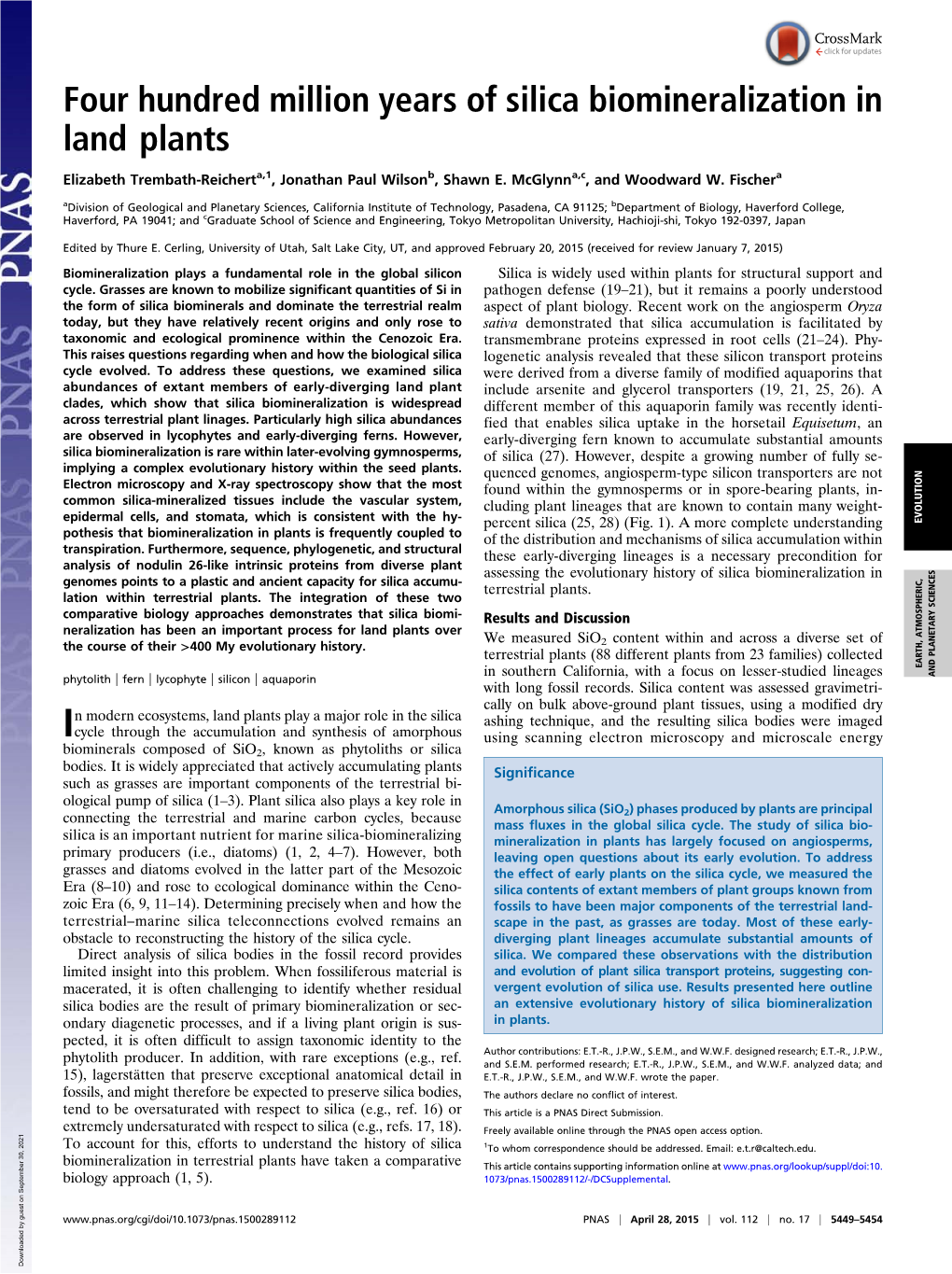 Four Hundred Million Years of Silica Biomineralization in Land Plants