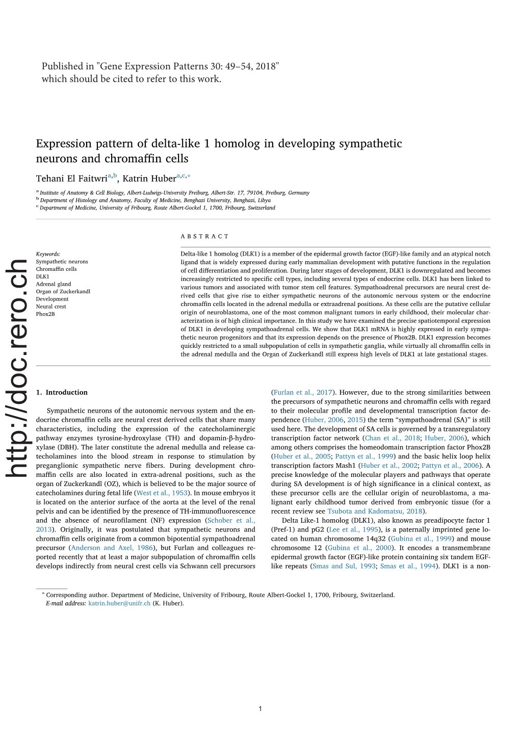 Expression Pattern of Delta-Like 1 Homolog in Developing Sympathetic Neurons and Chromaffin Cells