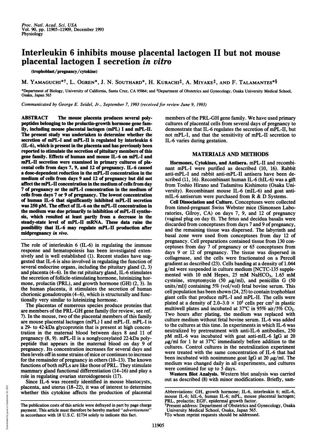 Interleukin 6 Inhibits Mouse Placental Lactogen II but Not Mouse Placental Lactogen I Secretion in Vitro (Trophoblast/Pregnancy/Cytokine) M