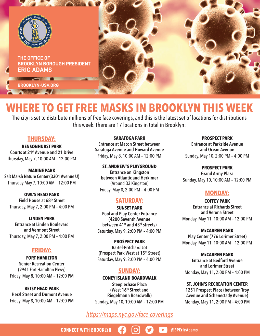 FREE MASKS in BROOKLYN THIS WEEK the City Is Set to Distribute Millions of Free Face Coverings, and This Is the Latest Set of Locations for Distributions This Week