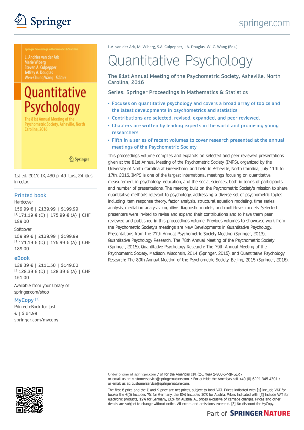 Quantitative Psychology the 81St Annual Meeting of the Psychometric Society, Asheville, North Carolina, 2016 Series: Springer Proceedings in Mathematics & Statistics
