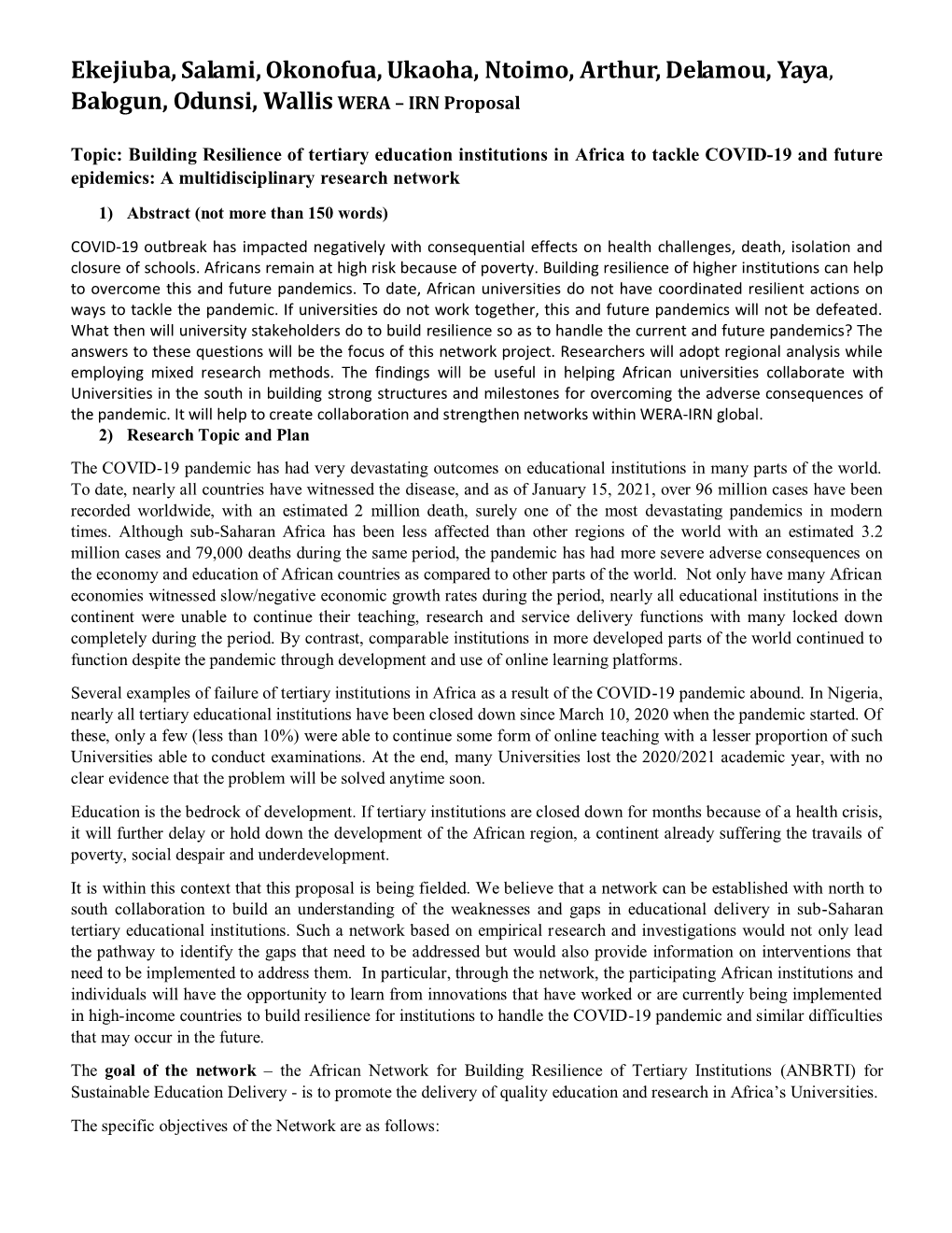 Building Resilience of Tertiary Education Institutions in Africa to Tackle COVID-19 and Future Epidemics: a Multidisciplinary Research Network