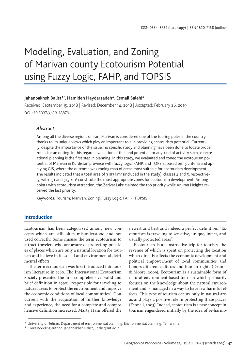 Modeling, Evaluation, and Zoning of Marivan County Ecotourism Potential Using Fuzzy Logic, FAHP, and TOPSIS