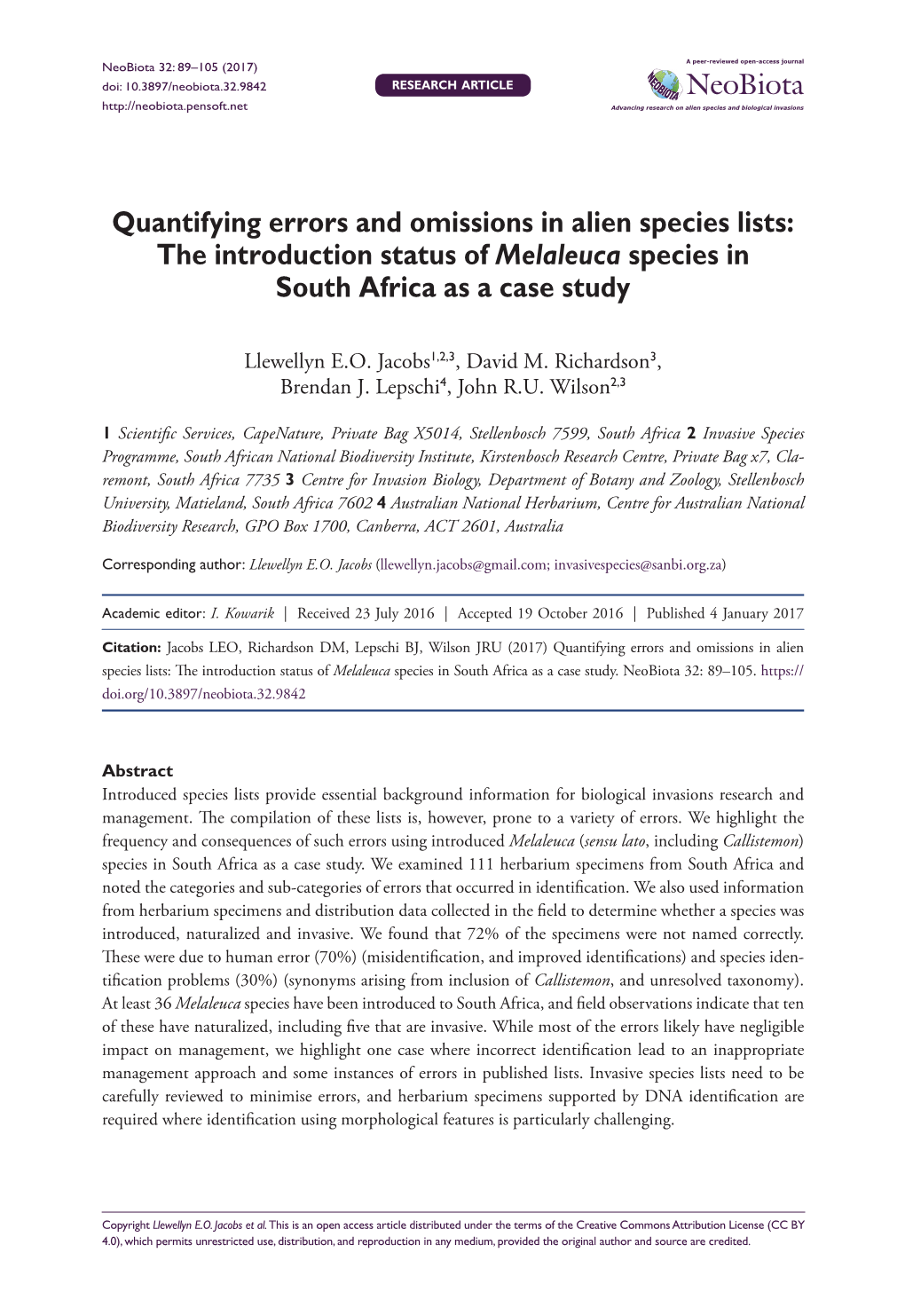 ﻿Quantifying Errors and Omissions in Alien Species Lists: the Introduction Status of Melaleuca Species in South Africa As a Ca