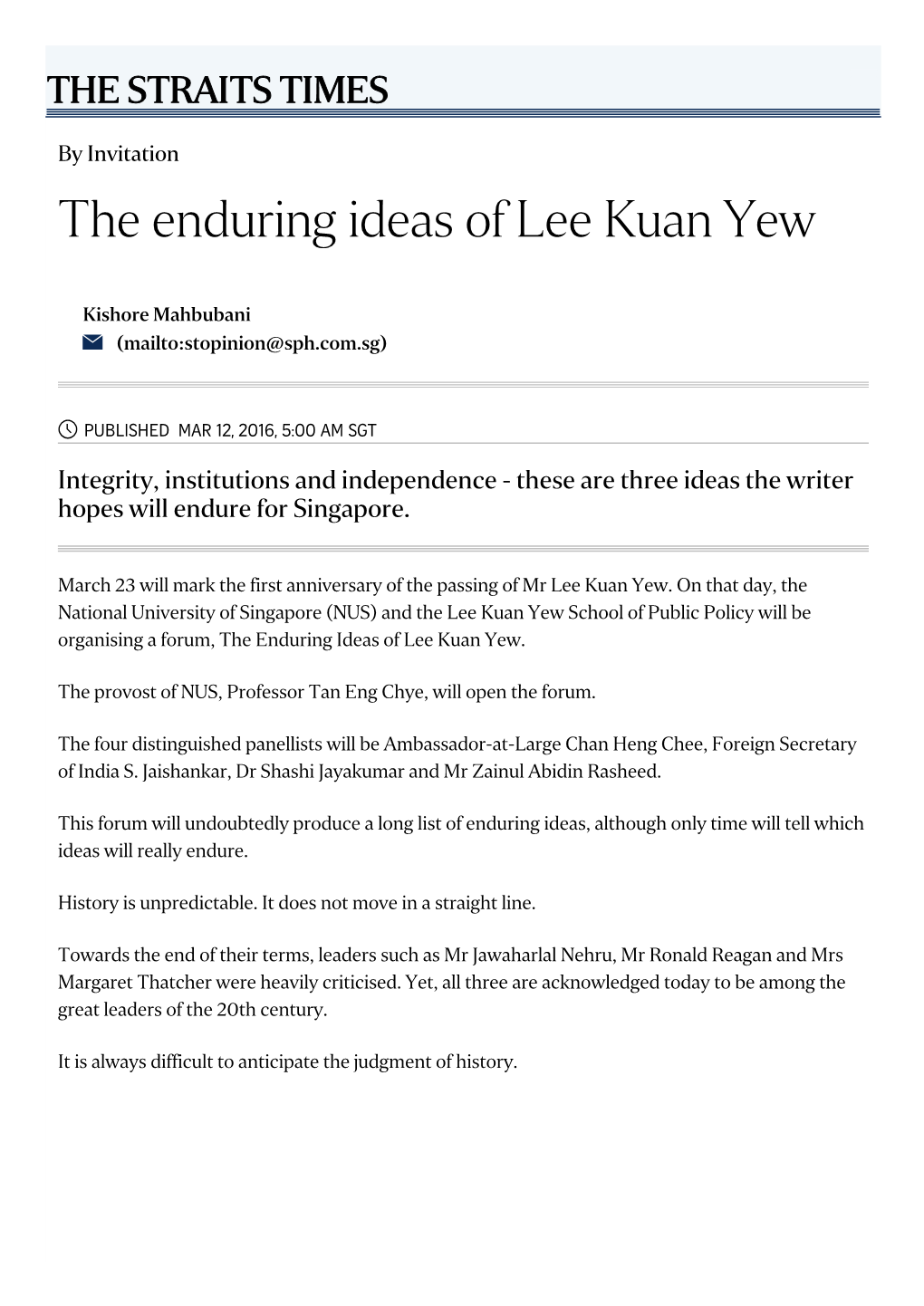 The Enduring Ideas of Lee Kuan Yew