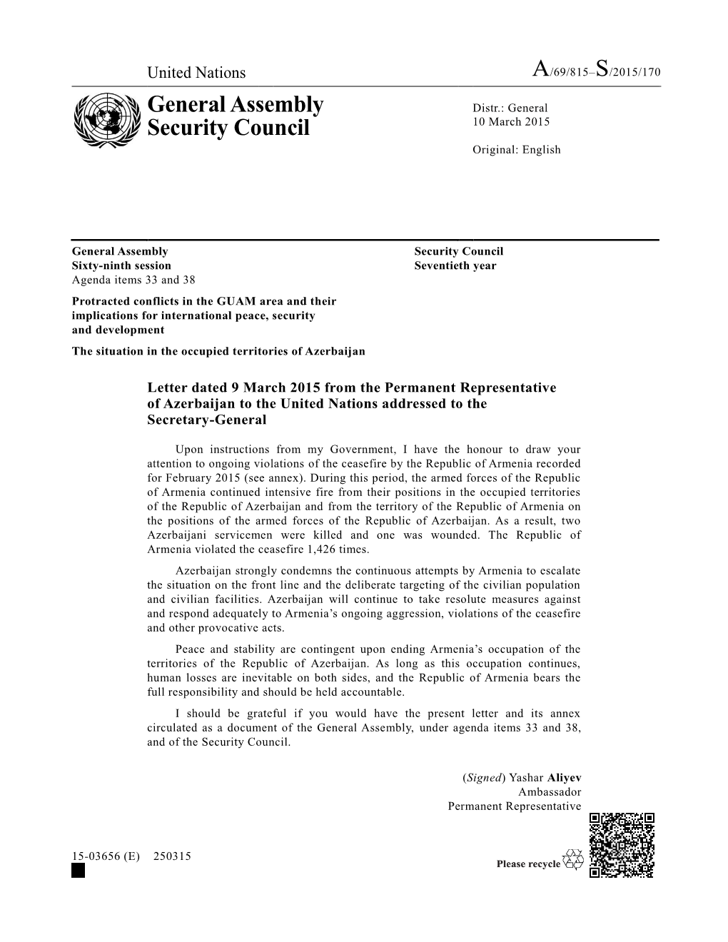 General Assembly Security Council Sixty-Ninth Session Seventieth Year Agenda Items 33 and 38