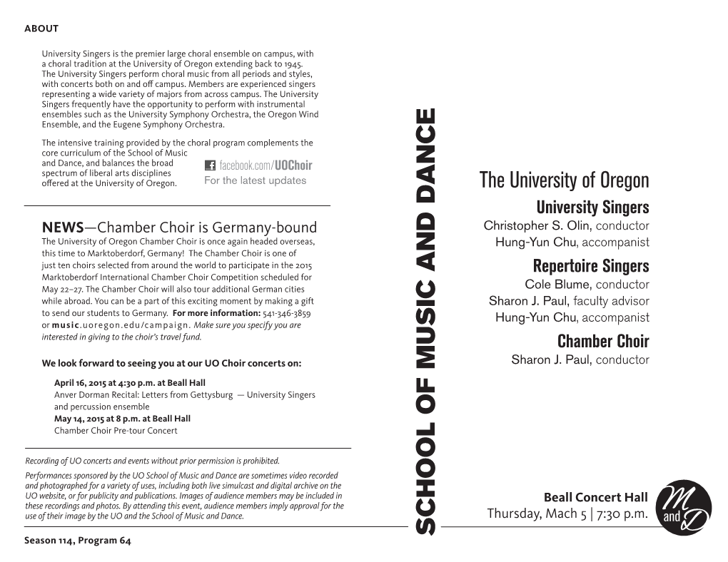 SCHOOL of MUSIC and DANCE the Universityoforegon Christopher S.Olin, Thursday, Mach5|7:30 P.M