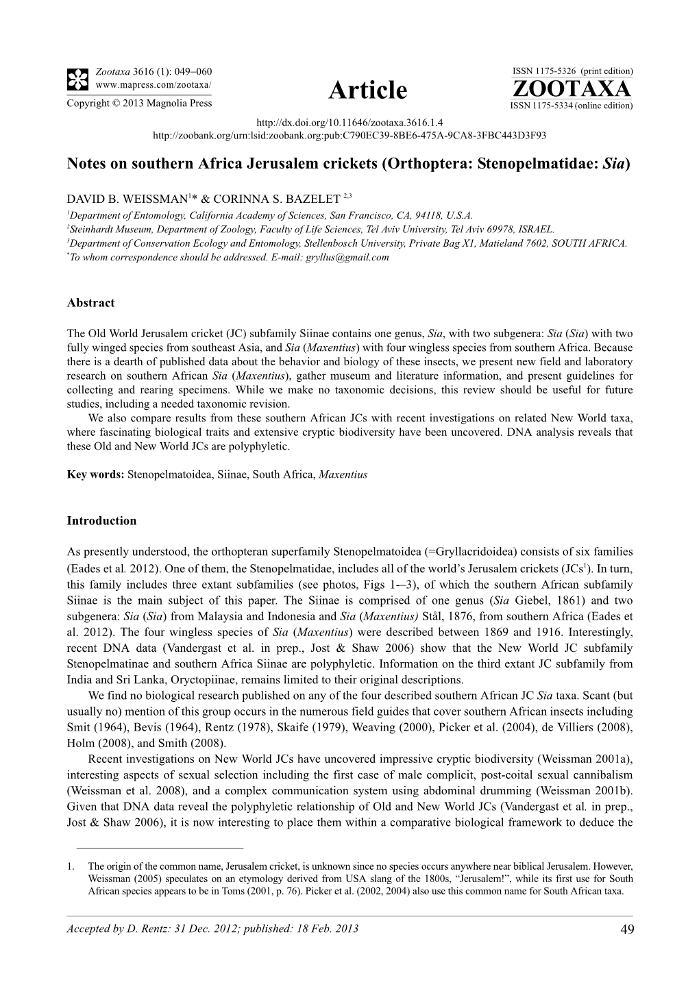 Notes on Southern Africa Jerusalem Crickets (Orthoptera: Stenopelmatidae: Sia)