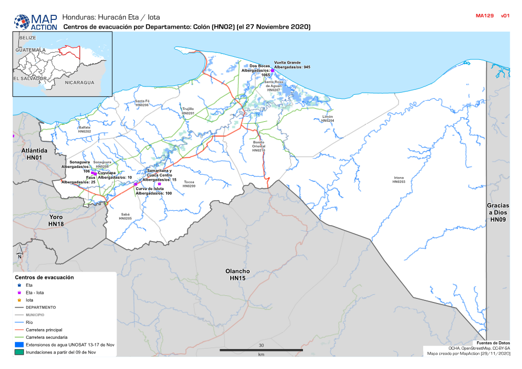 Honduras: Huracán Eta / Iota MA129 V01 Centros De Evacuación Por Departamento: Colón (HN02) (El 27 Noviembre 2020)