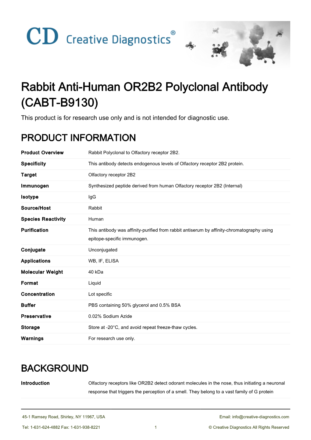 Rabbit Anti-Human OR2B2 Polyclonal Antibody (CABT-B9130) This Product Is for Research Use Only and Is Not Intended for Diagnostic Use