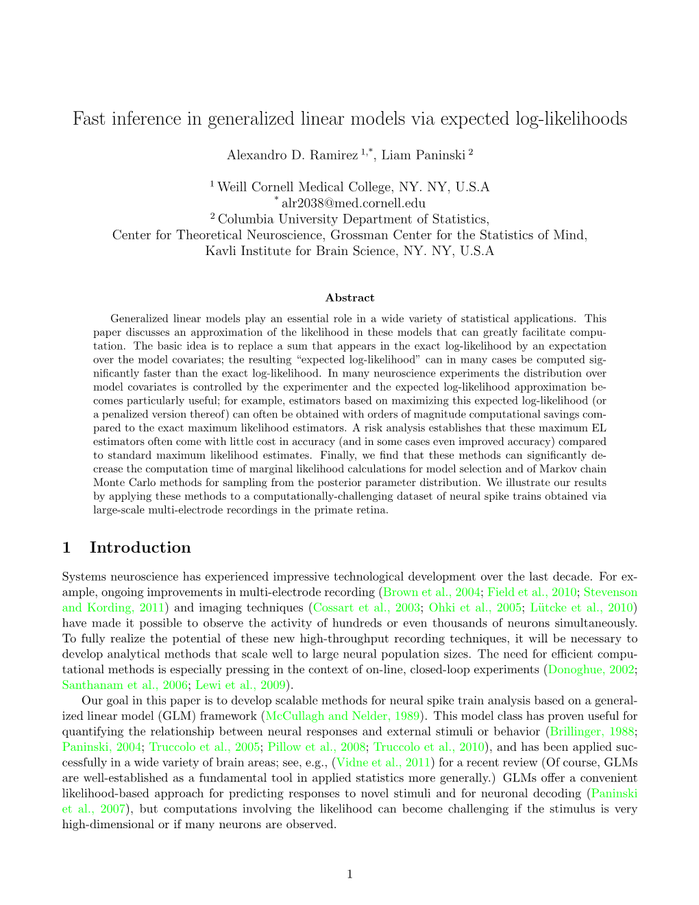 Fast Inference in Generalized Linear Models Via Expected Log-Likelihoods