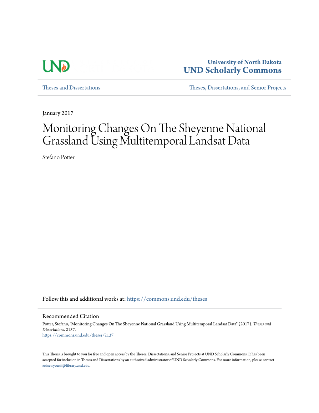 Monitoring Changes on the Sheyenne National Grassland Using Multitemproal Landsat Data