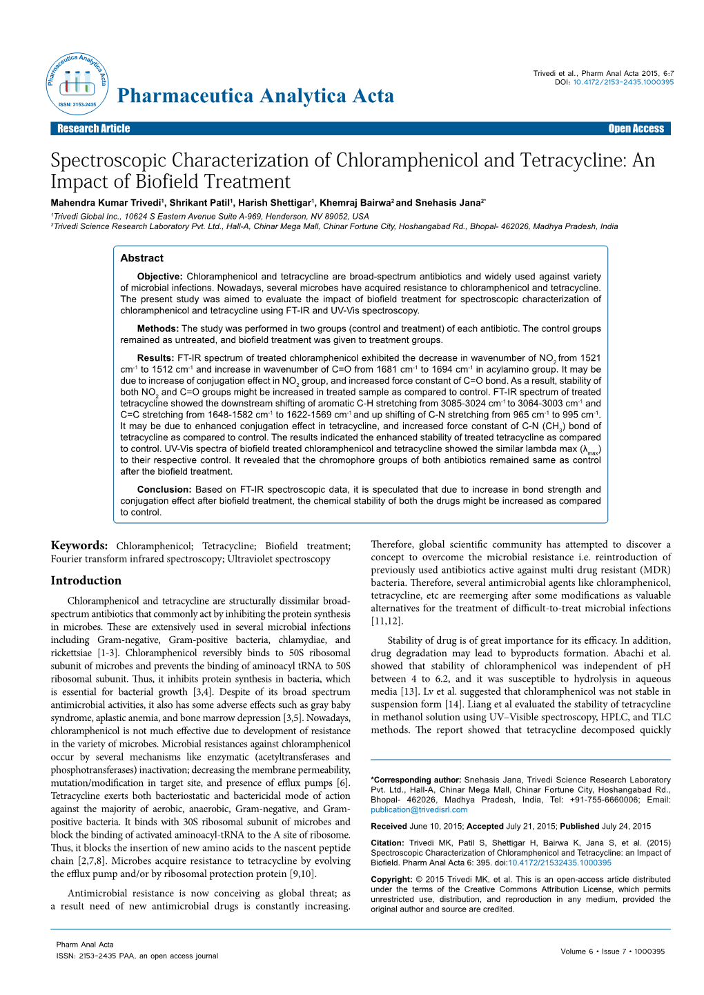 Spectroscopic Characterization of Chloramphenicol and Tetracycline