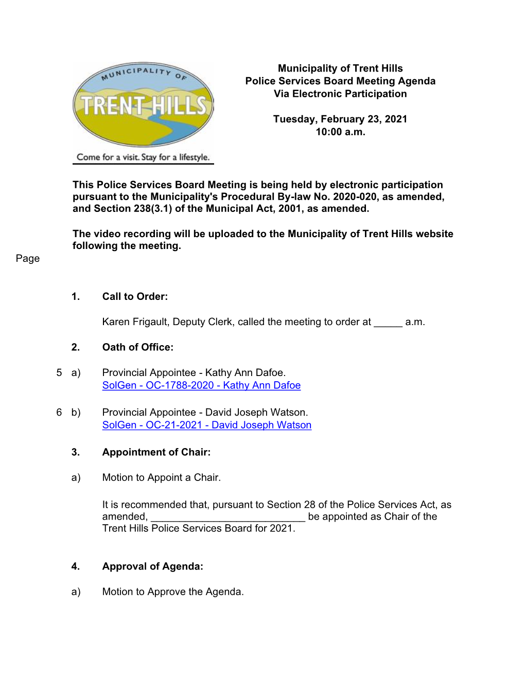 Police Services Board Meeting Agenda Via Electronic Participation