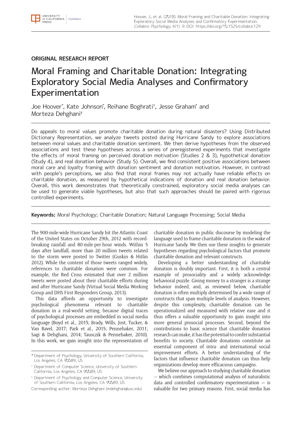 Moral Framing and Charitable Donation: Integrating Exploratory Social Media Analyses and Confirmatory Experimentation