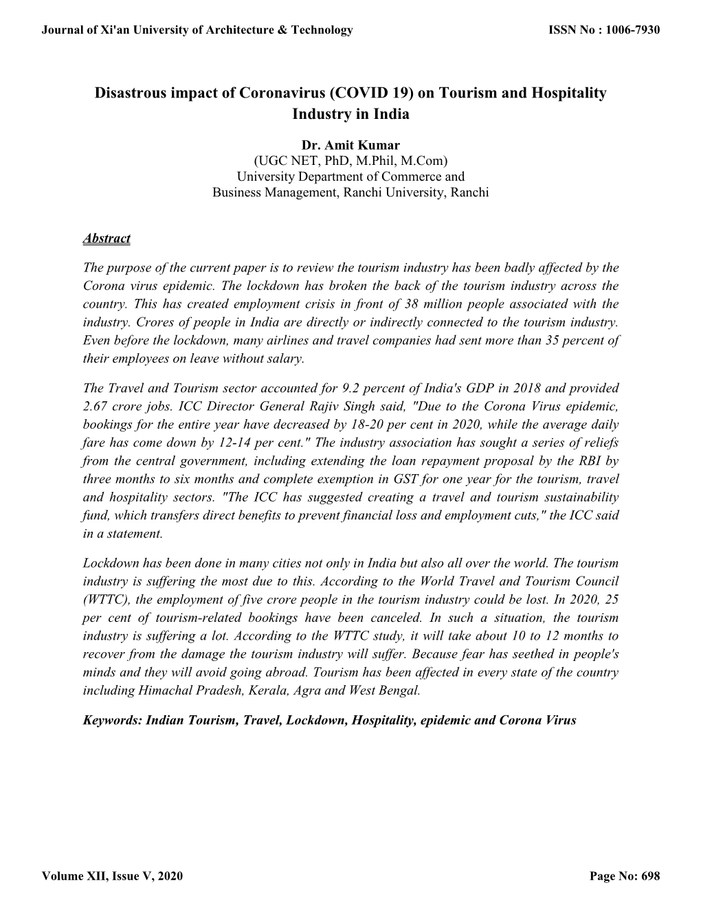 Disastrous Impact of Coronavirus (COVID 19) on Tourism and Hospitality Industry in India