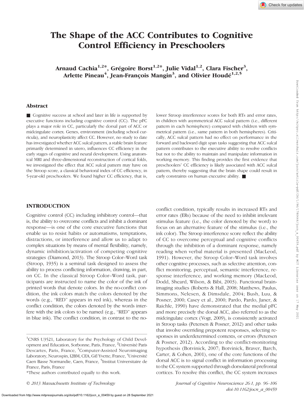 The Shape of the ACC Contributes to Cognitive Control Efficiency in Preschoolers