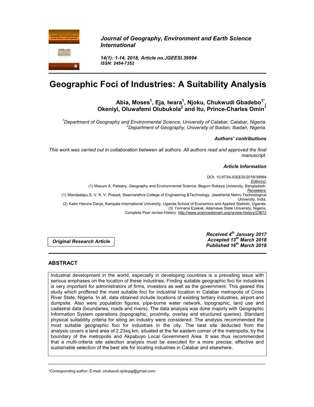 Geographic Foci of Industries: a Suitability Analysis