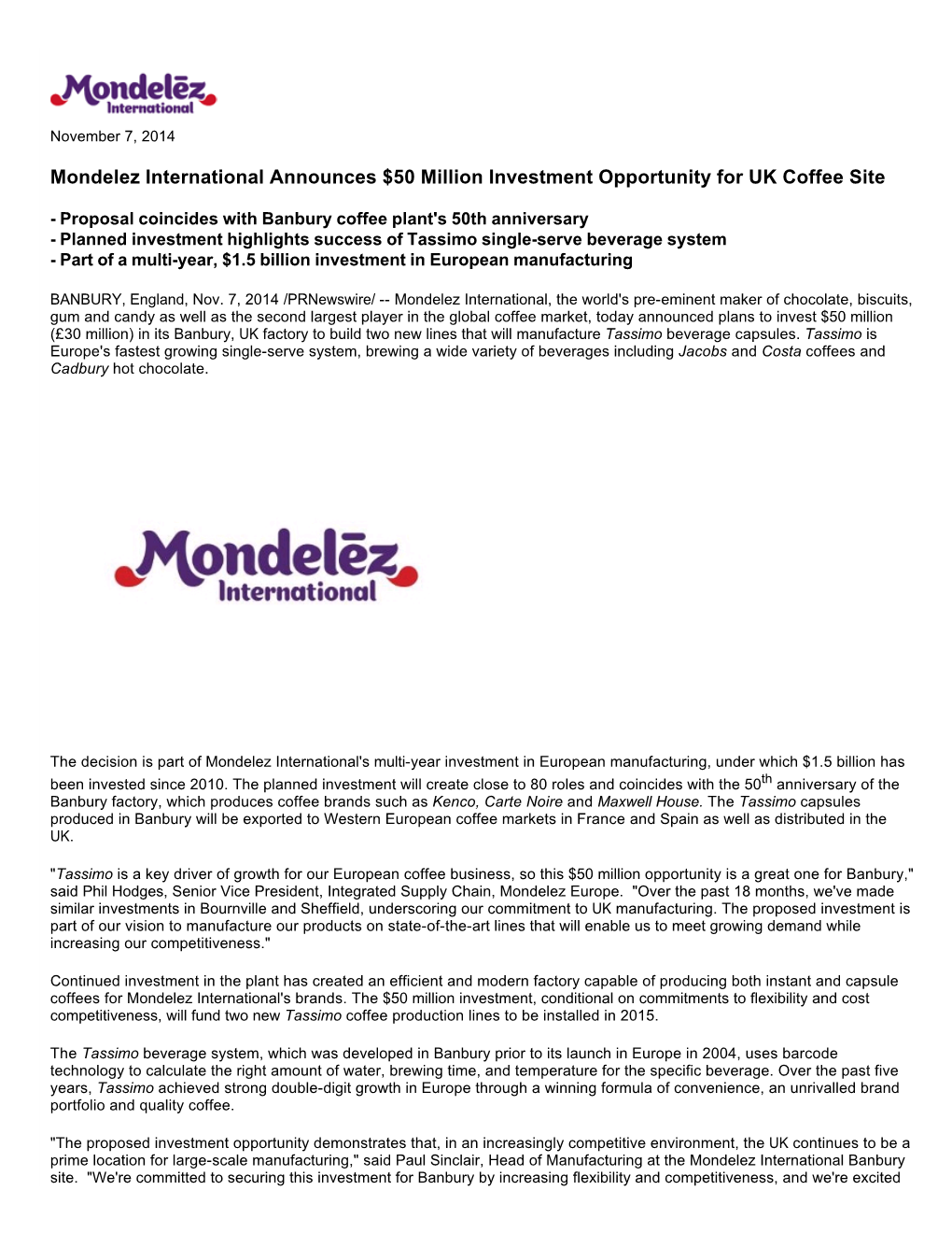 Mondelez International Announces $50 Million Investment Opportunity for UK Coffee Site